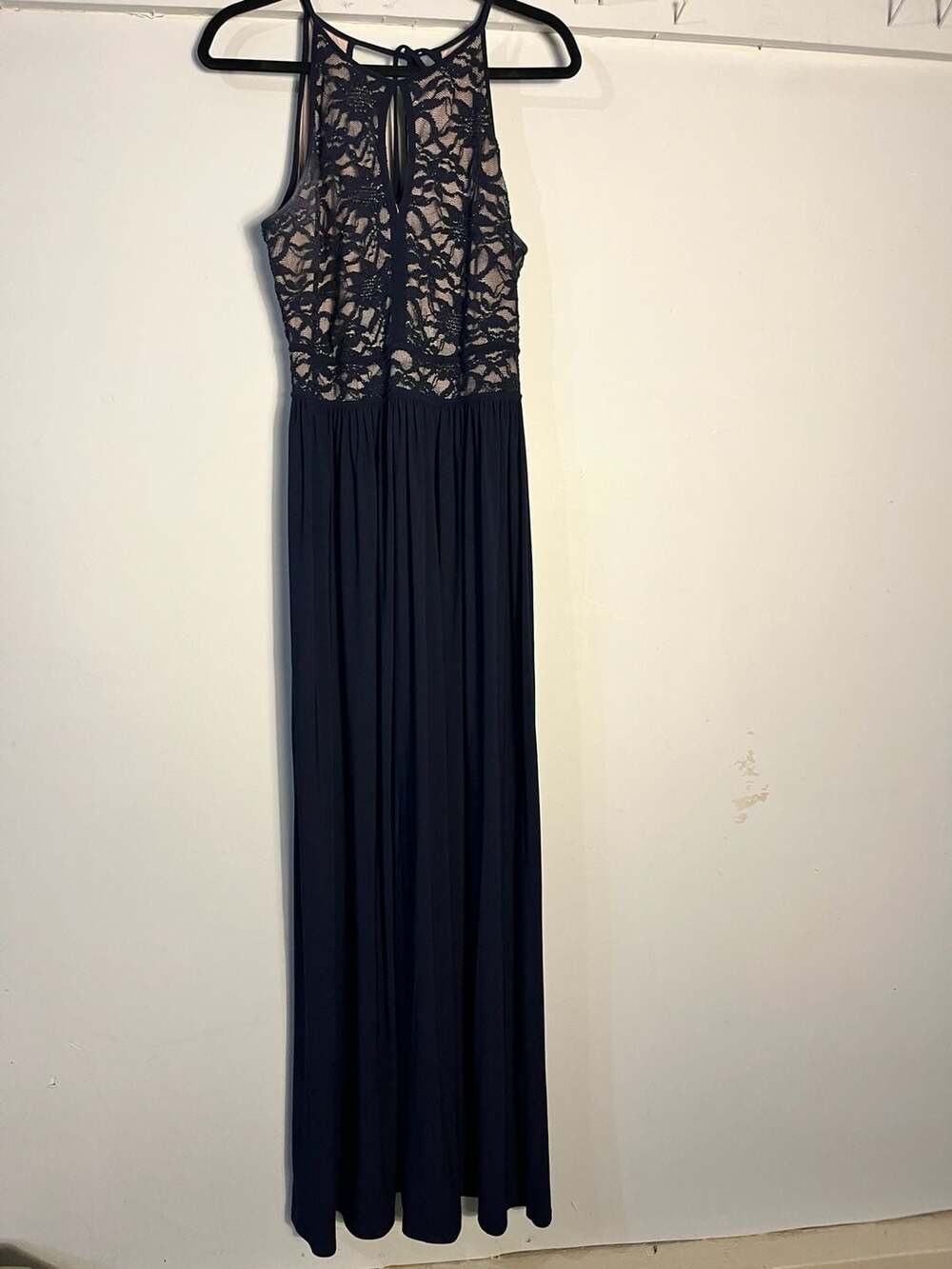 009-0042 Nightway Navy Blue Lace Keyhole Halter Maxi Dress